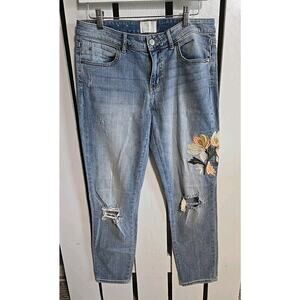 Caslon Floral Embroidered Boyfriend Blue Denim Jeans 26 Baggy Distressed Spring‎